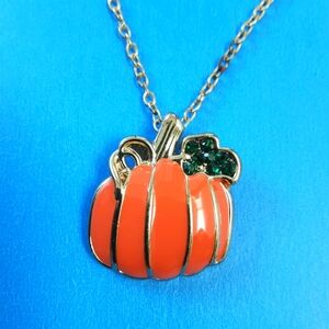 Pendant Necklace, Pumpkin with Green Crystal & Gold Tone Trim & Chain, Vintage